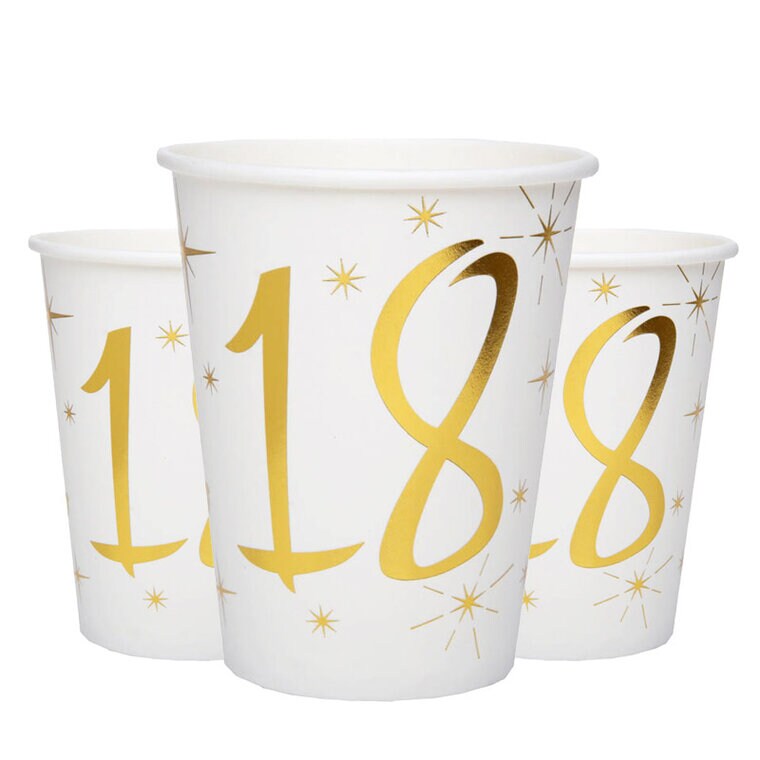 Product Image for Pahvimukit Valkoinen & Kulta 18-vuotisjuhliin 10 kpl