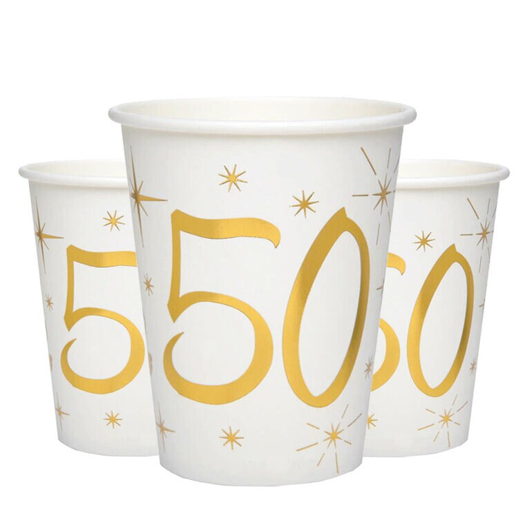 Product Image for Pahvimukit Valkoinen & Kulta 50-vuotisjuhliin 10 kpl