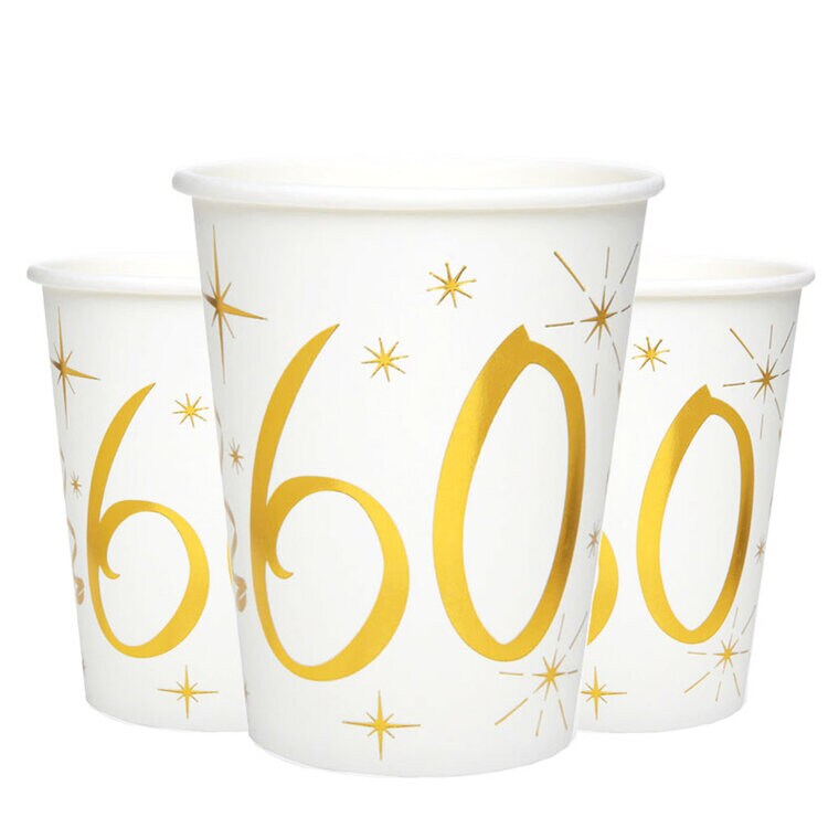 Product Image for Pahvimukit Valkoinen & Kulta 60-vuotisjuhliin 10 kpl