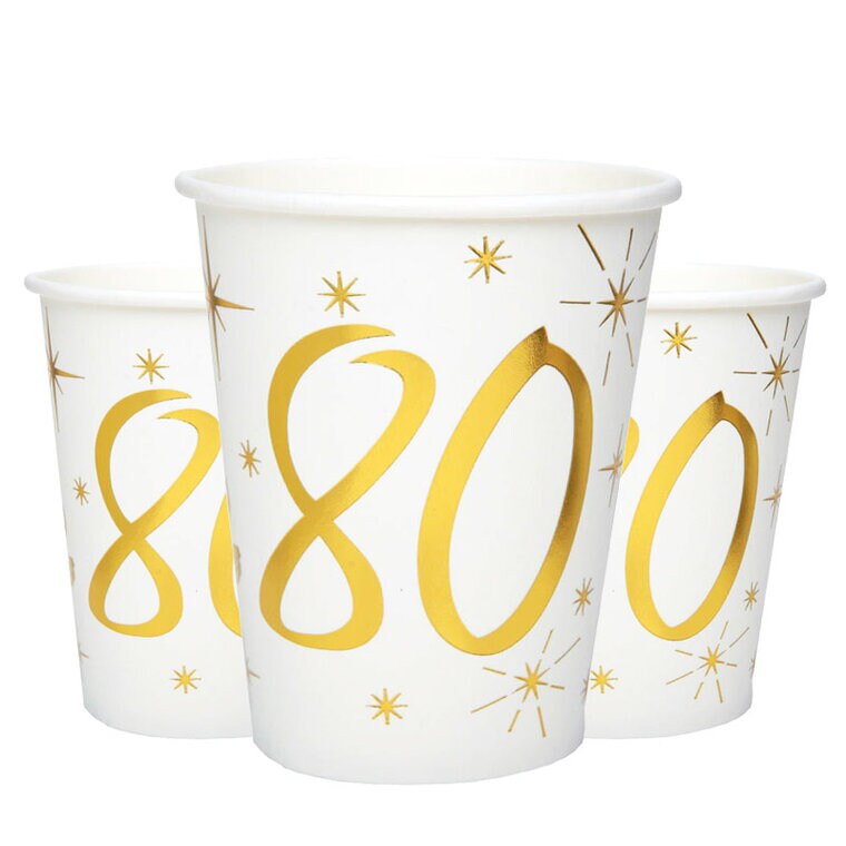 Product Image for Pahvimukit Valkoinen & Kulta 80-vuotisjuhliin 10 kpl