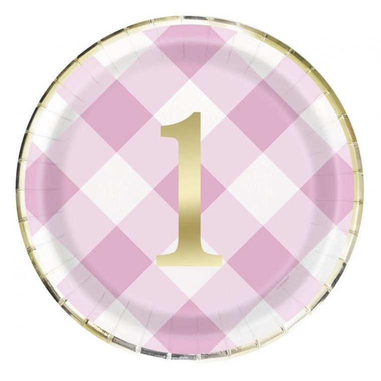 Product Image for Vaaleanpunaruutuiset Lautaset, 1-vuotta 8 kpl