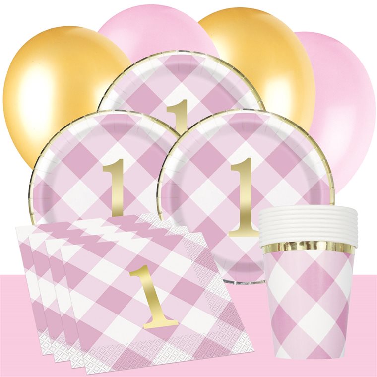Product Image for 1-vuotisjuhla Vaaleanpunaruudullinen - Juhlasetti 8-24 hengelle