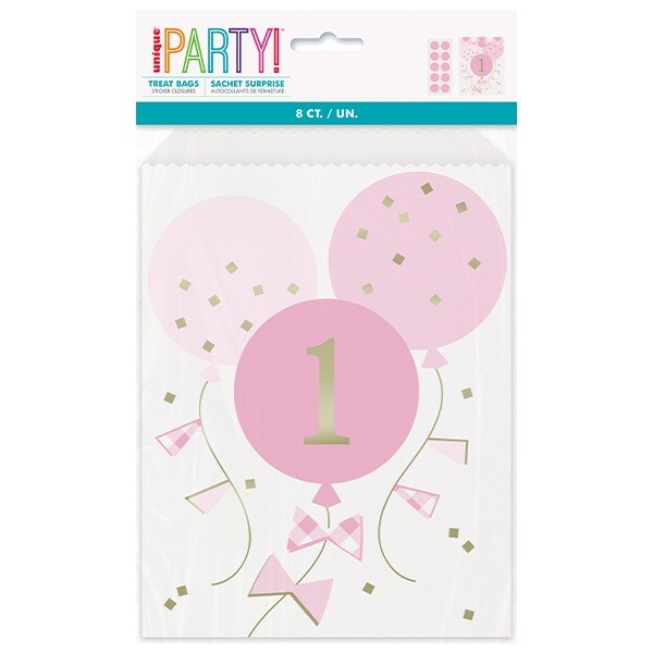 Product Image for Vaaleanpunaruutuiset Juhlapussit Ilmapalloilla, 1-vuotta 8 kpl