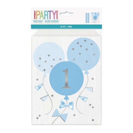 Product Image for Vaaleansiniruutuiset Juhlapussit palloilla, 1-vuotta 8 kpl