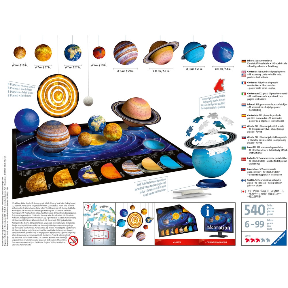 Ravensburger 3D Palapeli, The Solar System 27/54/72/108 palaa