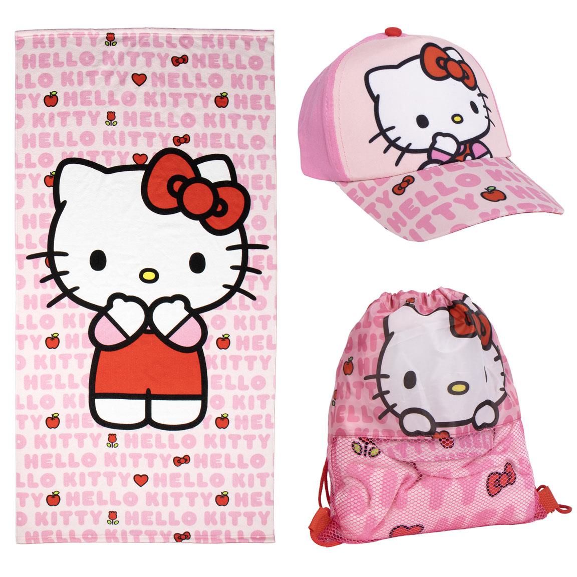 Hello Kitty -setti, jossa pyyhe, lippis ja jumppakassi