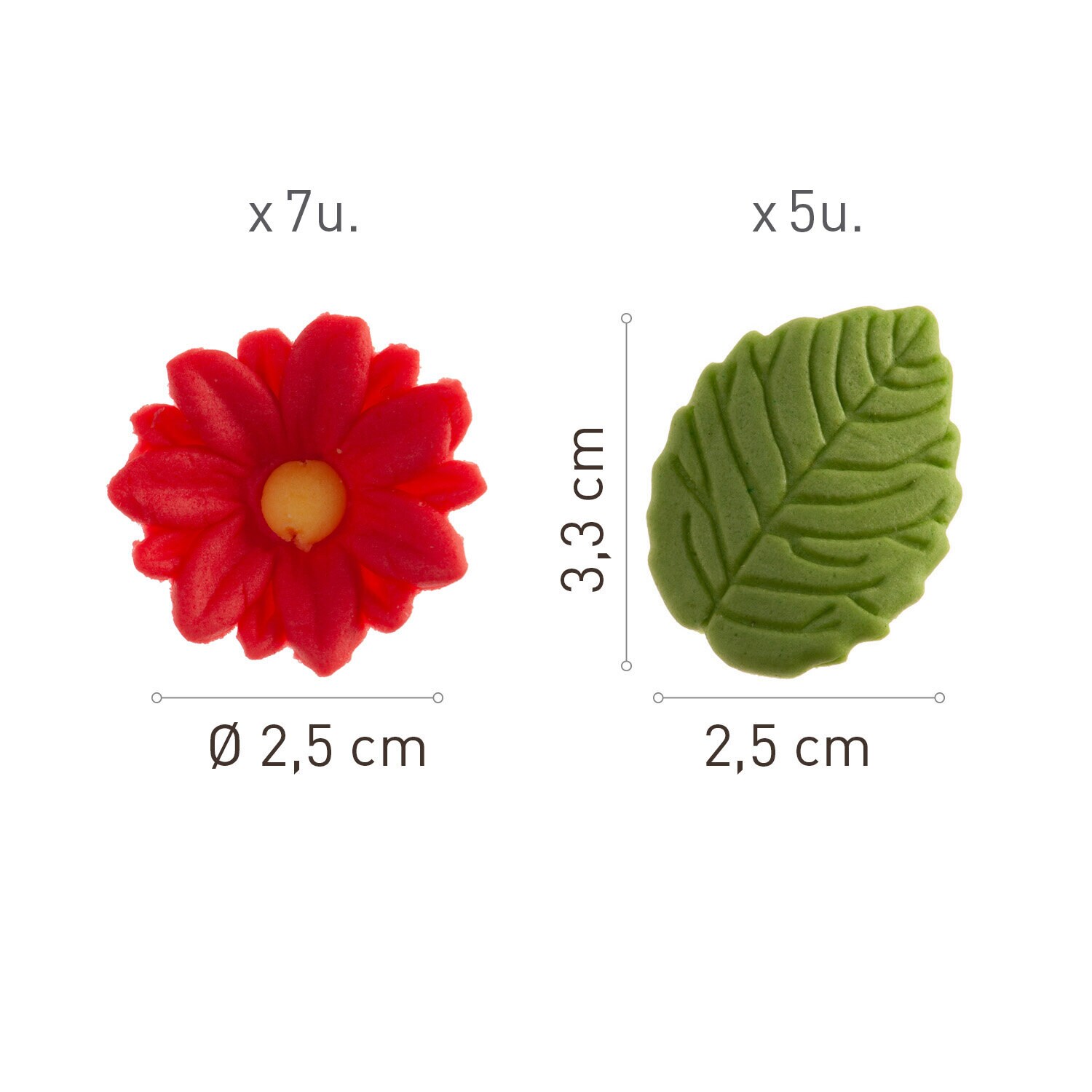 Sokerikoristeet Punaiset kukat lehdillä 12 kpl
