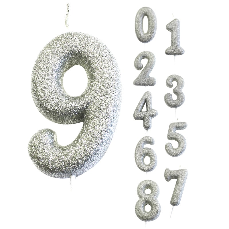 Numerokynttilä hopeanvärinen glitter numerot 0-9