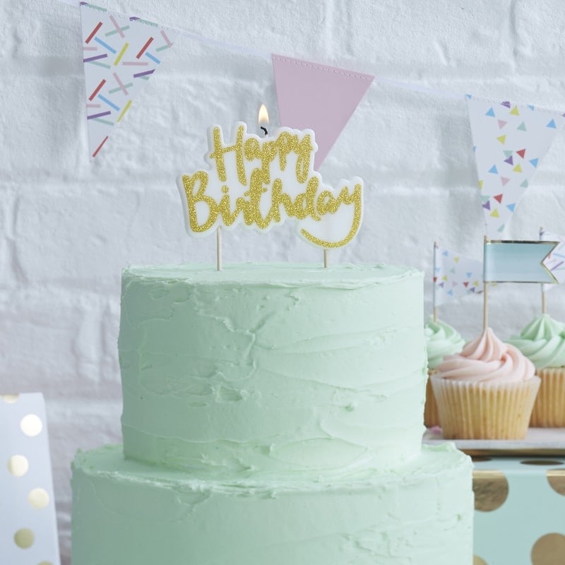 Kakkukynttilä - Happy Birthday kultaglitterillä