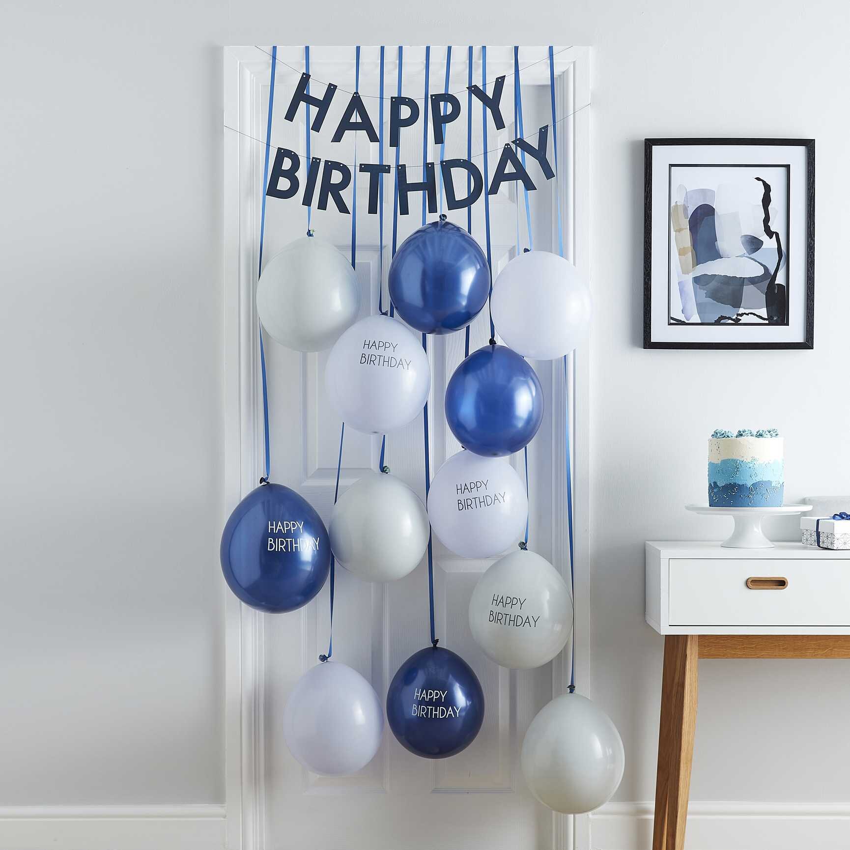 Ilmapallosetti oveen - Happy Birthday tummansininen